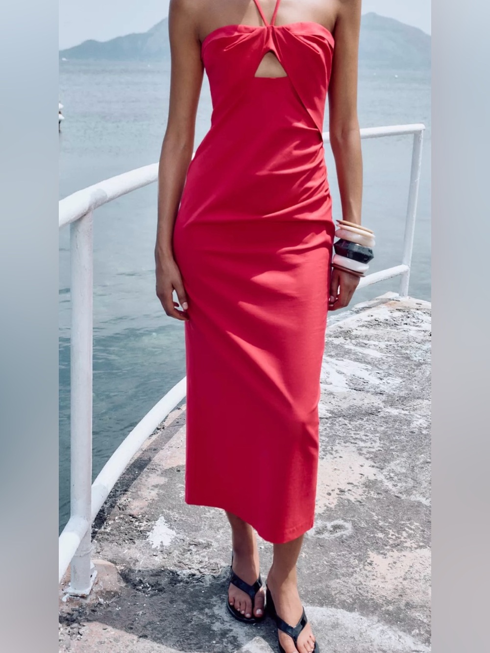 Zara Strapless Red Halter Midi Dress with Front Cutout - Picture 3 of 8